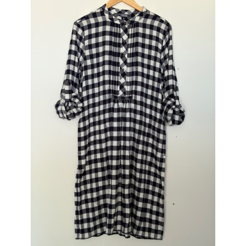 Lands End Navy Gingham Pintuck Roll Tab Sleeve Shirt Dress 16
